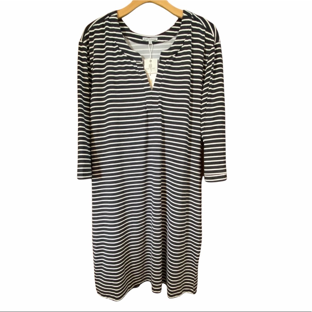 MARY SQUARE Soft Knit Black White Striped Shift Dress Size Large NWT